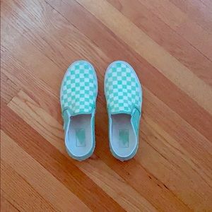 teal checkered slip on vans